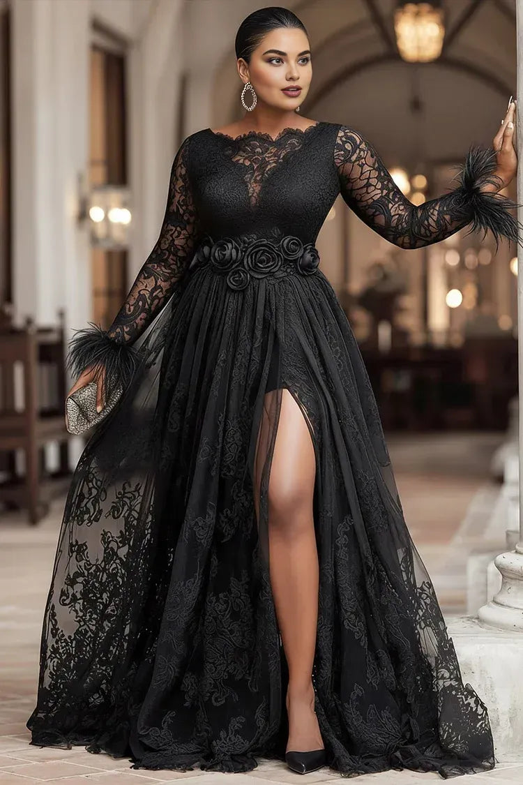 Sexy A-Line Boat Neck Long Sleeve Split Plus Size Floor Length Prom Dress