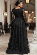 Sexy A-Line Boat Neck Long Sleeve Split Plus Size Floor Length Prom Dress