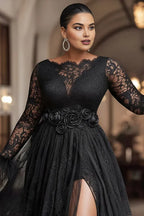 Sexy A-Line Boat Neck Long Sleeve Split Plus Size Floor Length Prom Dress