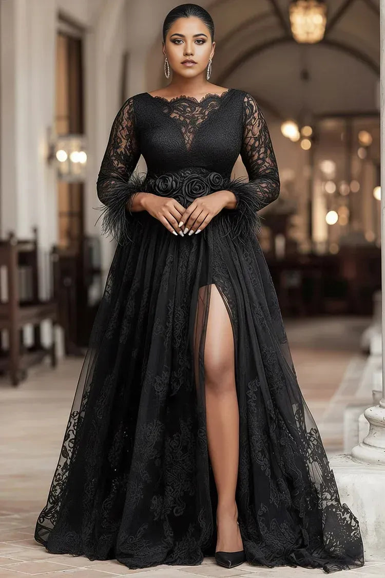 Sexy A-Line Boat Neck Long Sleeve Split Plus Size Floor Length Prom Dress