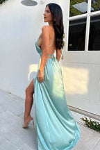 Sexy A-Line Deep V Neck Sleeveless Slit Floor-Length Prom Dress