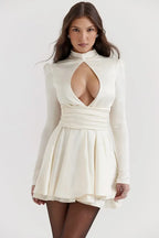 Ivory Sexy A-Line High Neck Long Sleeve Keyhole Cutout Tie Bow Short Homecoming Dress