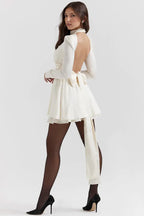 Ivory Sexy A-Line High Neck Long Sleeve Keyhole Cutout Tie Bow Short Homecoming Dress