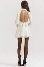 Ivory Sexy A-Line High Neck Long Sleeve Keyhole Cutout Tie Bow Short Homecoming Dress