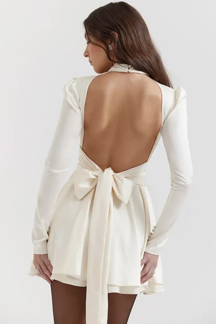 Ivory Sexy A-Line High Neck Long Sleeve Keyhole Cutout Tie Bow Short Homecoming Dress