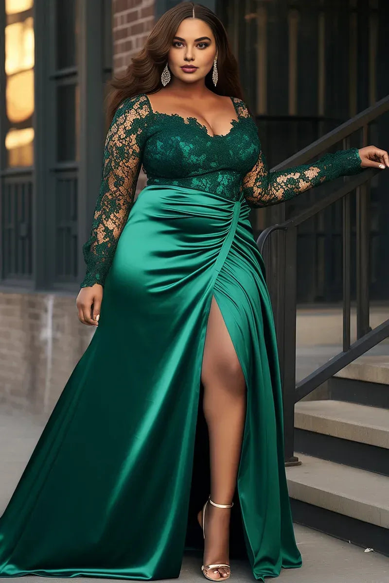 Sexy A-Line Square Neck Long Sleeve Split Plus Size Floor Length Prom Dress