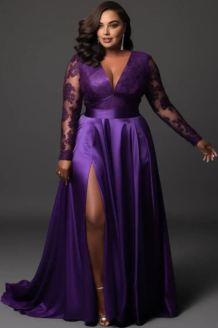 Sexy A-Line V Neck Long Sleeve Split Plus Size Floor Length Prom Dress