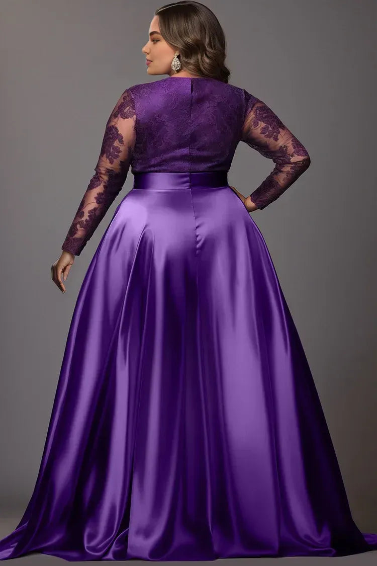 Sexy A-Line V Neck Long Sleeve Split Plus Size Floor Length Prom Dress