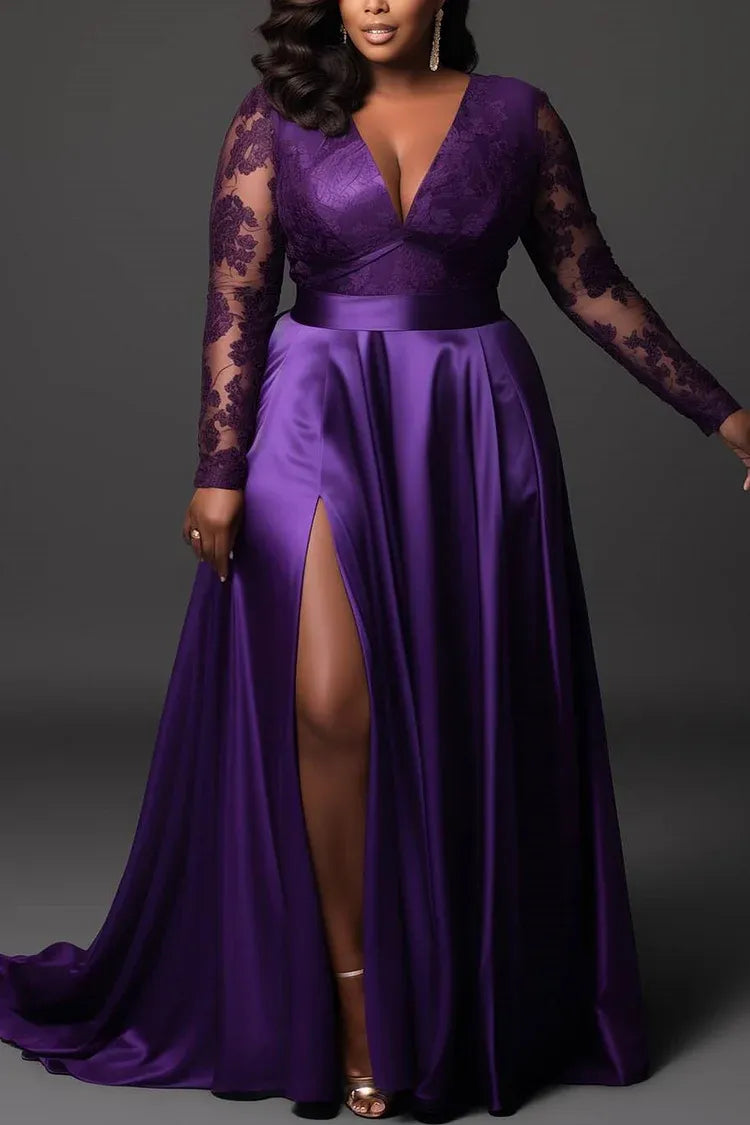 Sexy A-Line V Neck Long Sleeve Split Plus Size Floor Length Prom Dress