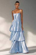 Sexy A Line Spaghetti Straps Sleeveless Tiered Floor-Length Prom Dress