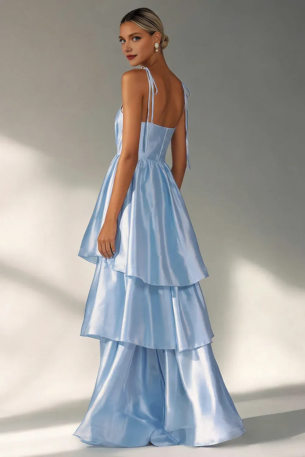Sexy A Line Spaghetti Straps Sleeveless Tiered Floor-Length Prom Dress