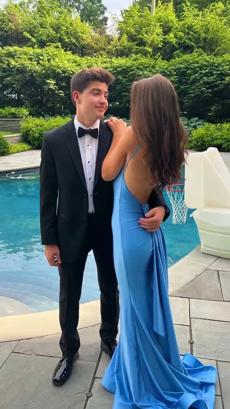 Sexy Blue Mermaid Prom Dresses Open Back Long Evening Party Dress