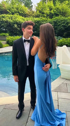 Sexy Blue Mermaid Prom Dresses Open Back Long Evening Party Dress