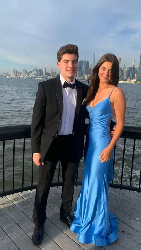 Sexy Blue Mermaid Prom Dresses Open Back Long Evening Party Dress