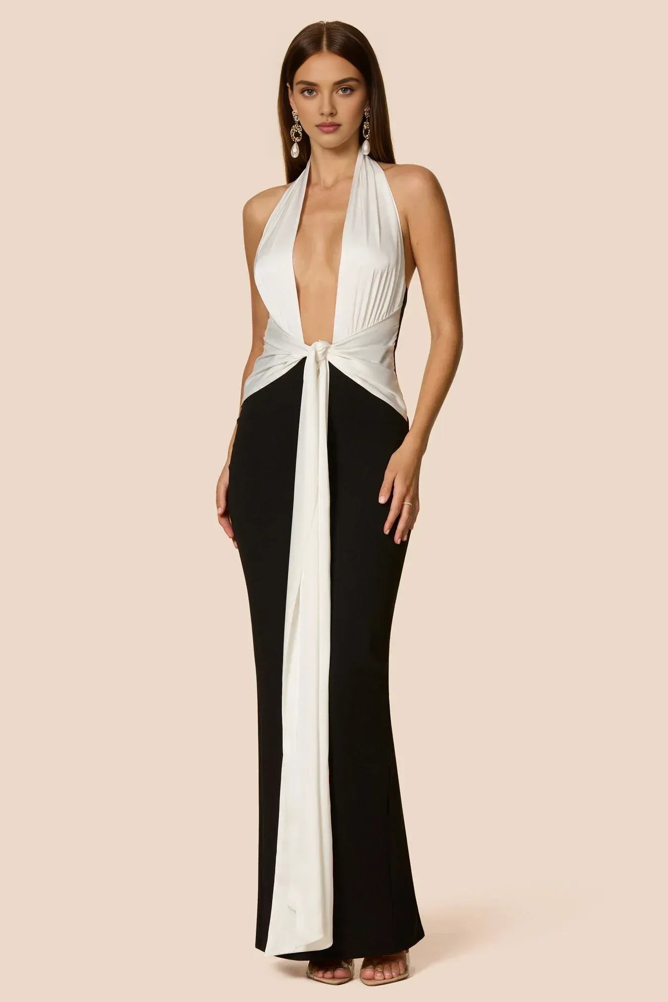 Sexy Tight Halter V Neck Sleeveless Backless Floor-Length Prom Dress