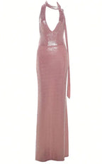 Sexy Deep V Halter Sleeveless Fitted Bow Long Prom Dress