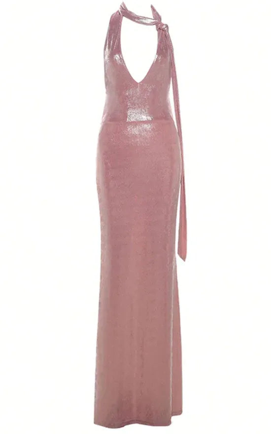Sexy Deep V Halter Sleeveless Fitted Bow Long Prom Dress
