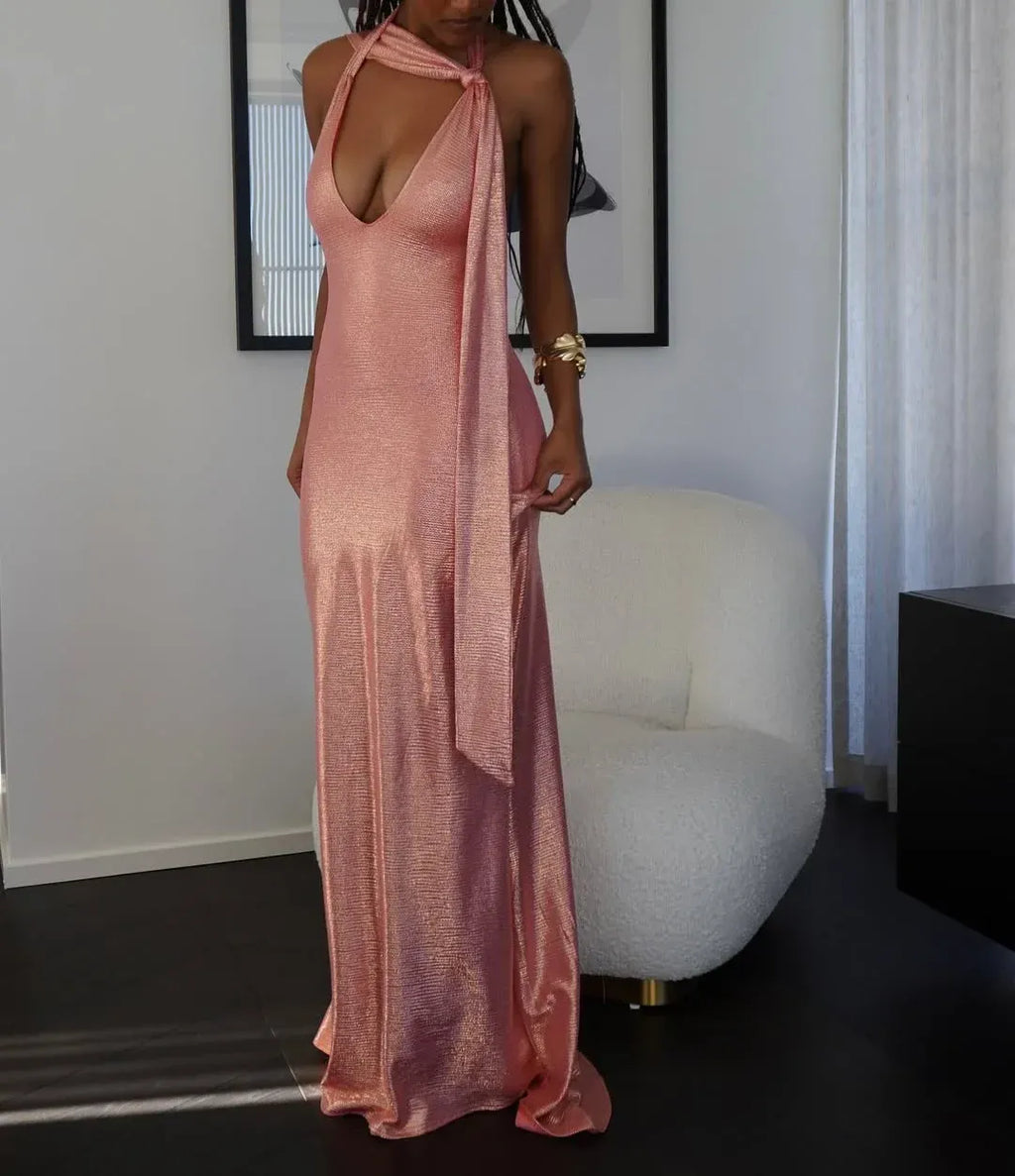 Sexy Deep V Halter Sleeveless Fitted Bow Long Prom Dress