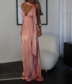 Sexy Deep V Halter Sleeveless Fitted Bow Long Prom Dress