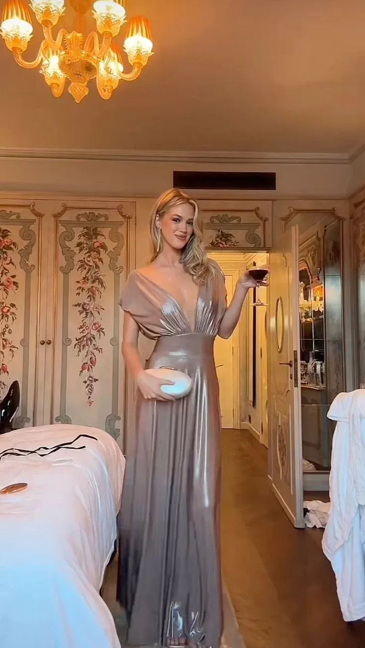 Sexy Deep V Neck Sleeveless A-Line Metallic Pleats Long Prom Gown