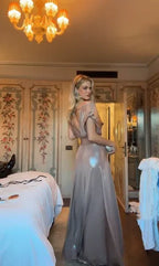 Sexy Deep V Neck Sleeveless A-Line Metallic Pleats Long Prom Gown