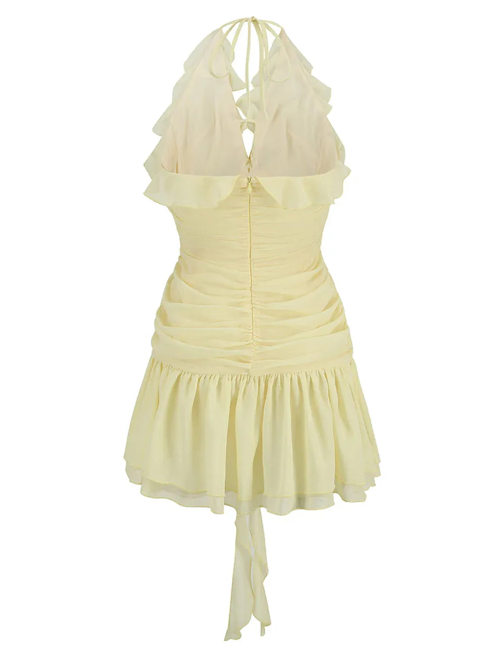 Sexy Halter 3D Flower Cutout Ruched Layered Ruffle Pale-Yellow Mini Homecoming Dress