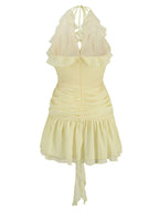 Sexy Halter 3D Flower Cutout Ruched Layered Ruffle Pale-Yellow Mini Homecoming Dress