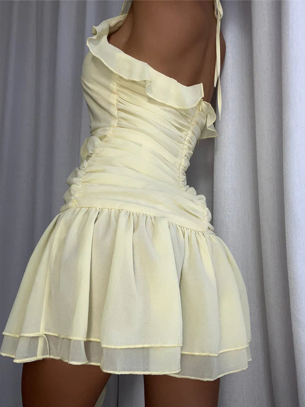 Sexy Halter 3D Flower Cutout Ruched Layered Ruffle Pale-Yellow Mini Homecoming Dress