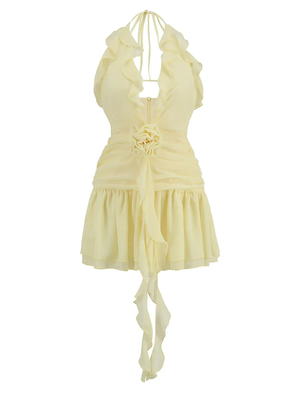 Sexy Halter 3D Flower Cutout Ruched Layered Ruffle Pale-Yellow Mini Homecoming Dress