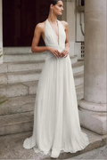Sexy Halter V-Neck Sleeveless A-Line Pleated Long Wedding Dress