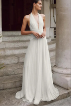 Sexy Halter V-Neck Sleeveless A-Line Pleated Long Wedding Dress