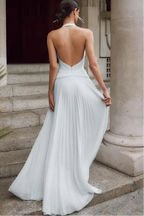 Sexy Halter V-Neck Sleeveless A-Line Pleated Long Wedding Dress