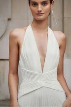 Sexy Halter V-Neck Sleeveless A-Line Pleated Long Wedding Dress