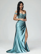 Sexy Mermaid Off The Shoulder Sleeveless Zipper Back Sweep Train Prom Dress