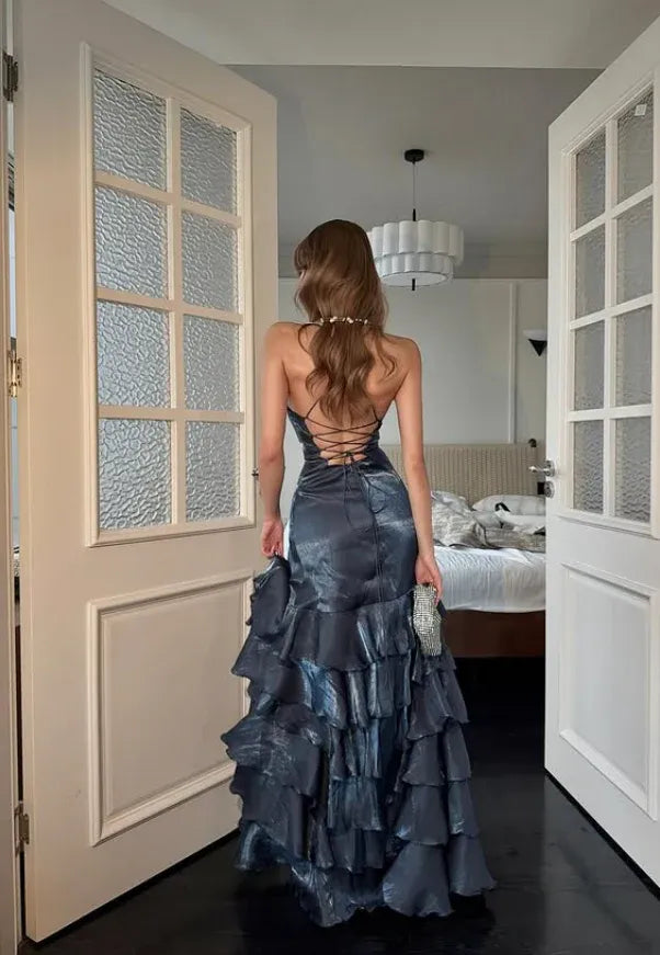 Sexy Mermaid Straps Layered Satin Wedding Guest Dress Prom Dress with Slit