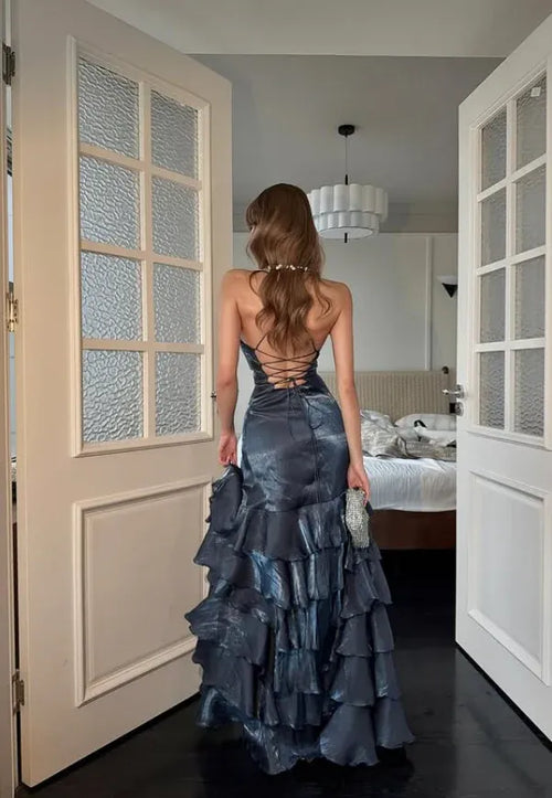 Sexy Mermaid Straps Layered Satin Wedding Guest Dress Prom Dress with Slit