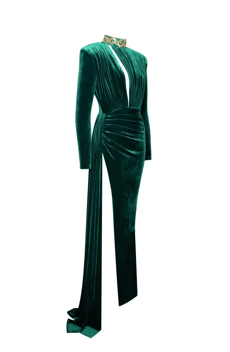 Sexy Sheath Plunging V Neck Long Sleeve Floor-Length Prom Dress