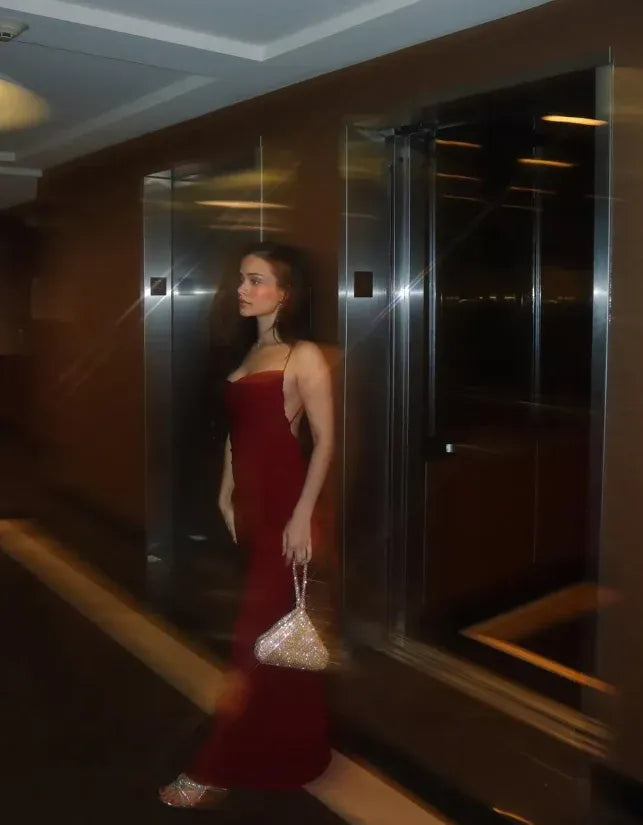 Sexy Sheath Spaghetti Straps Backless Navy Blue Satin Prom Dress Evening Dress