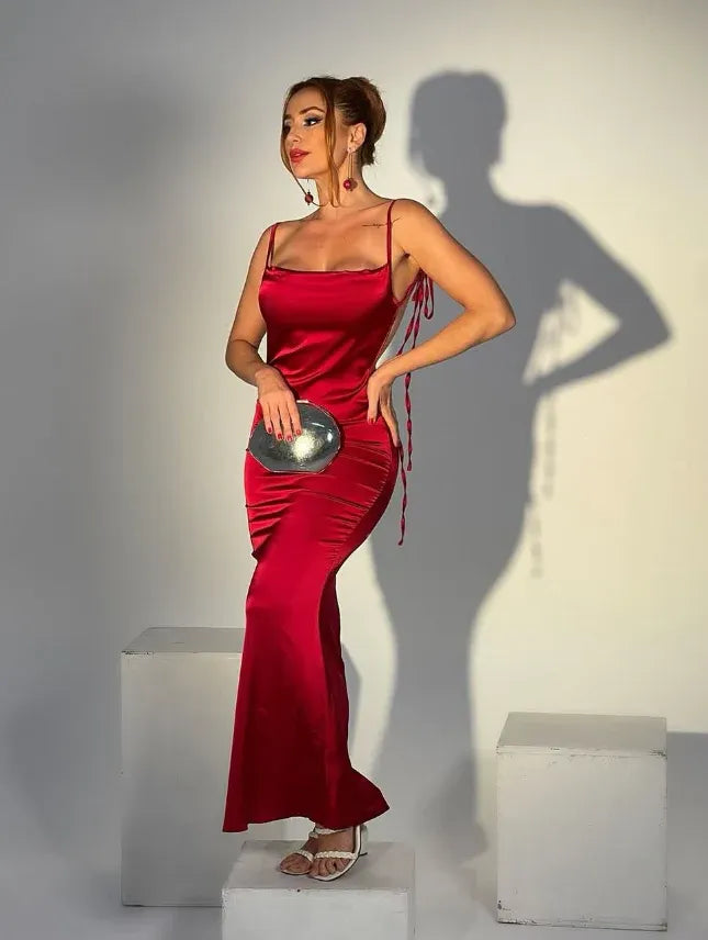 Sexy Sheath Spaghetti Straps Backless Navy Blue Satin Prom Dress Evening Dress