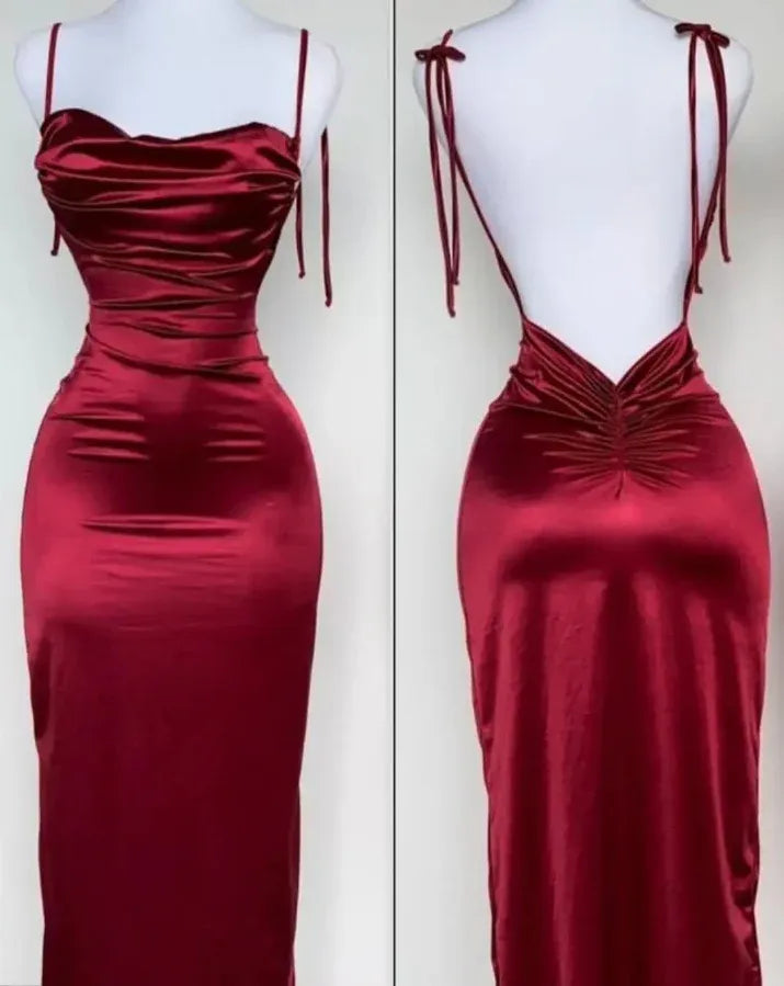 Sexy Sheath Spaghetti Straps Backless Navy Blue Satin Prom Dress Evening Dress