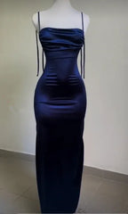 Sexy Sheath Spaghetti Straps Backless Navy Blue Satin Prom Dress Evening Dress