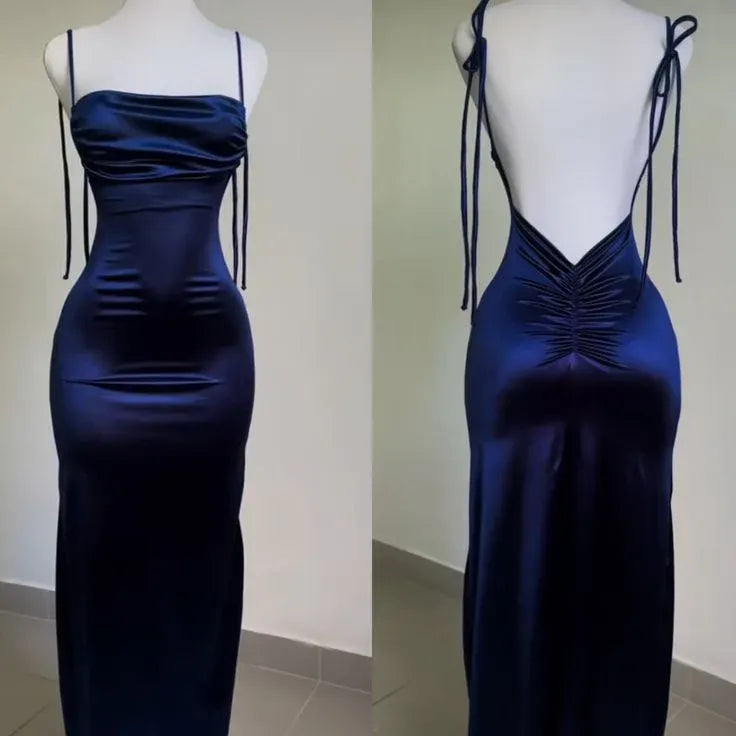 Sexy Sheath Spaghetti Straps Backless Navy Blue Satin Prom Dress Evening Dress