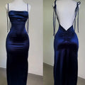 Sexy Sheath Spaghetti Straps Backless Navy Blue Satin Prom Dress Evening Dress