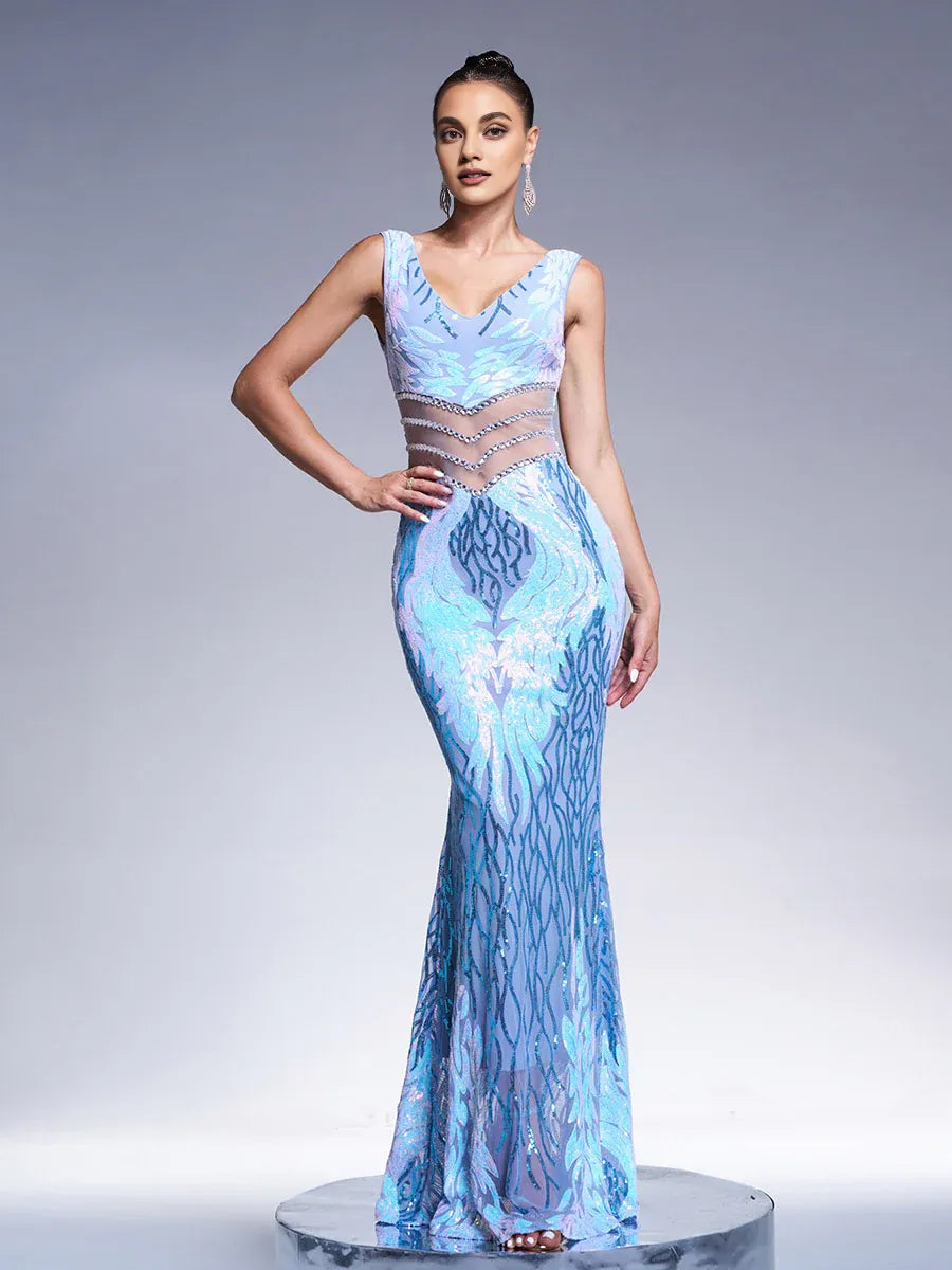 Sexy Sheath V-Neck Sleeveless Backless Floor-Length Prom Dress