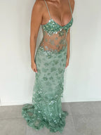 Sexy Spaghetti Straps Sleeveless Mermaid Ruffles Sequins Floor-Length Prom Gown
