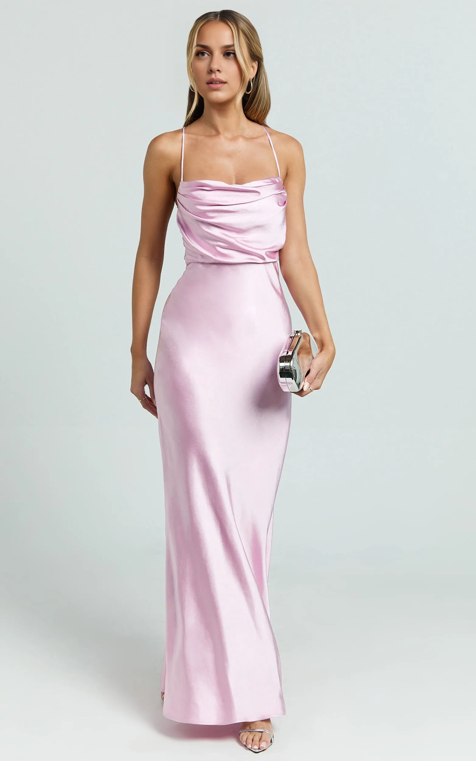 Pink Dress Sexy Square Cowl Neck Maxi Dress Sleeveless Low Back Dress Up Evening Dress