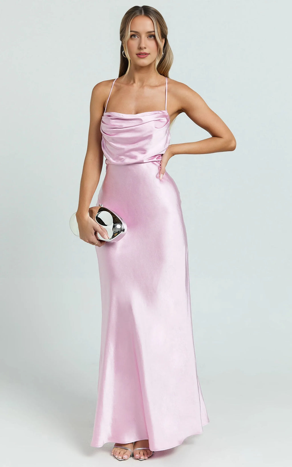 Pink Dress Sexy Square Cowl Neck Maxi Dress Sleeveless Low Back Dress Up Evening Dress