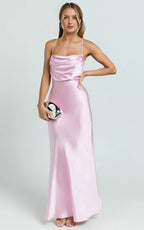 Pink Dress Sexy Square Cowl Neck Maxi Dress Sleeveless Low Back Dress Up Evening Dress