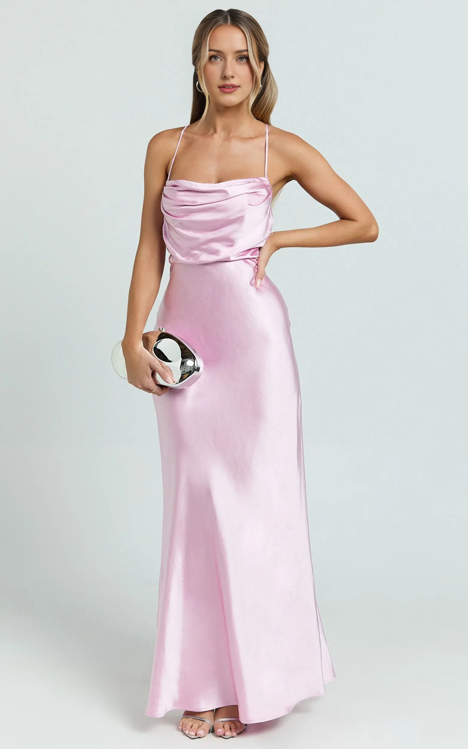 Pink Dress Sexy Square Cowl Neck Maxi Dress Sleeveless Low Back Dress Up Evening Dress