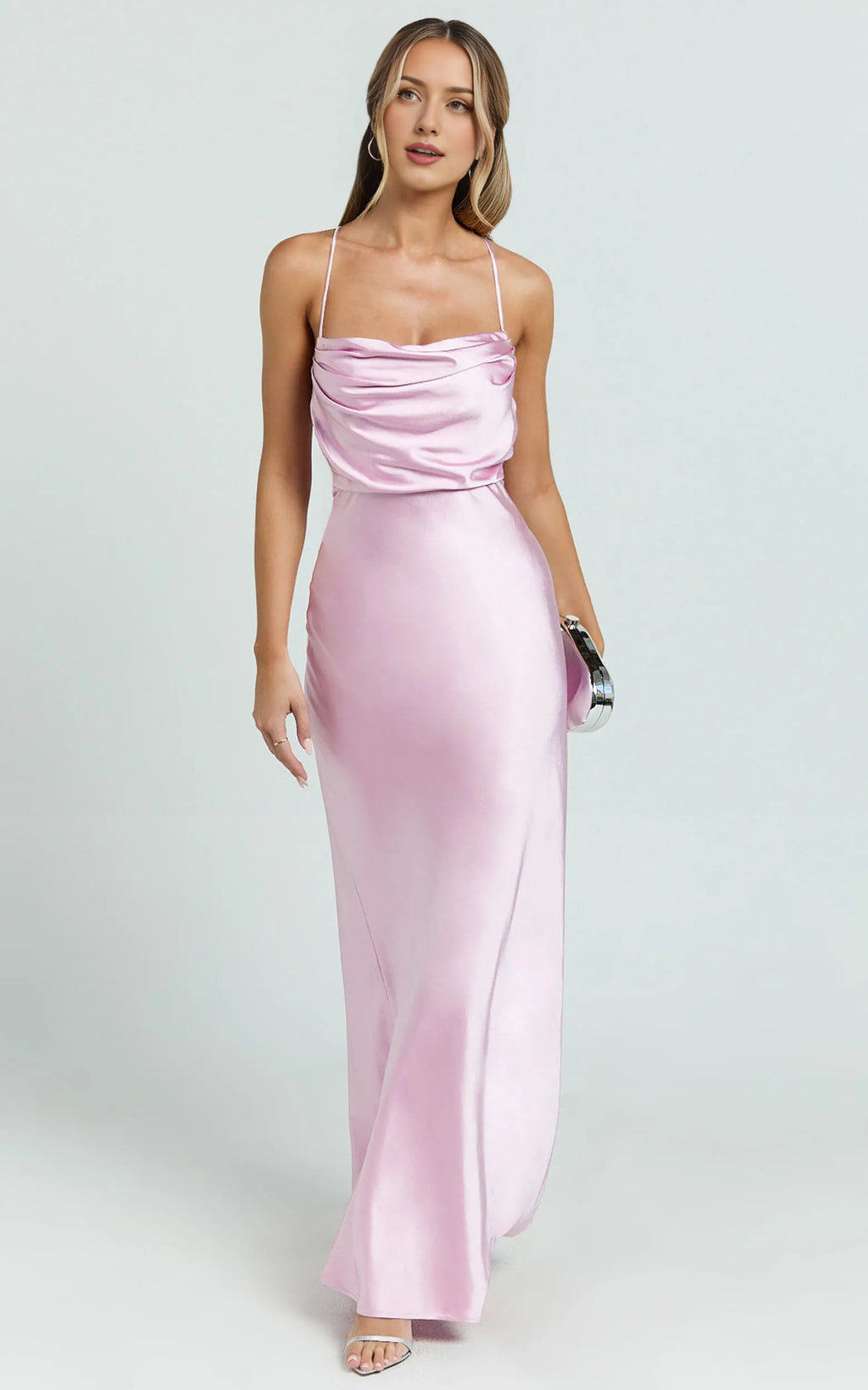 Pink Dress Sexy Square Cowl Neck Maxi Dress Sleeveless Low Back Dress Up Evening Dress